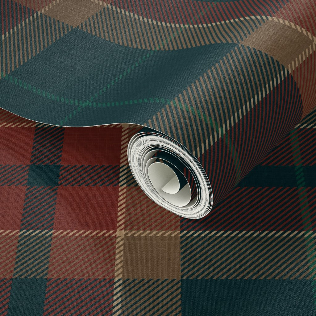 Moody Red & blue farmhouse Plaid Wallpaper