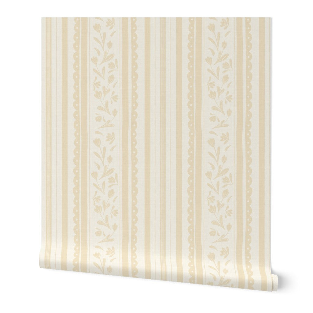 Soft ochre vintage striped wildflower wallpaper