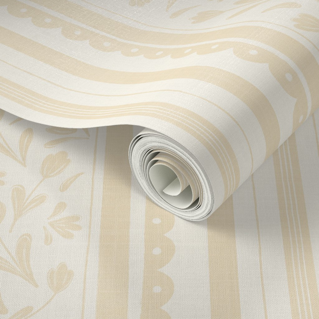 Soft ochre vintage striped wildflower wallpaper