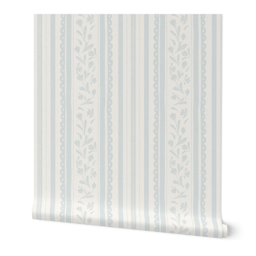 Pastel blue vintage striped wildflower wallpaper