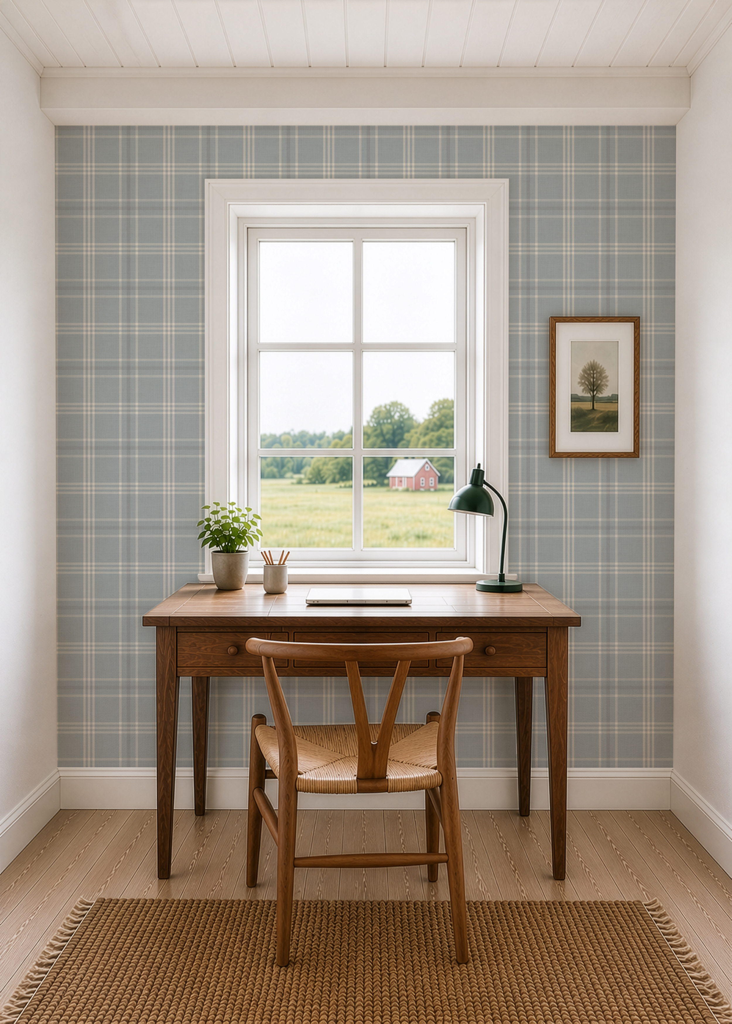 Neutral Blue Plaid Wallpaper | Modern Cottage Baby Nursery Decor (Peel and Stick)