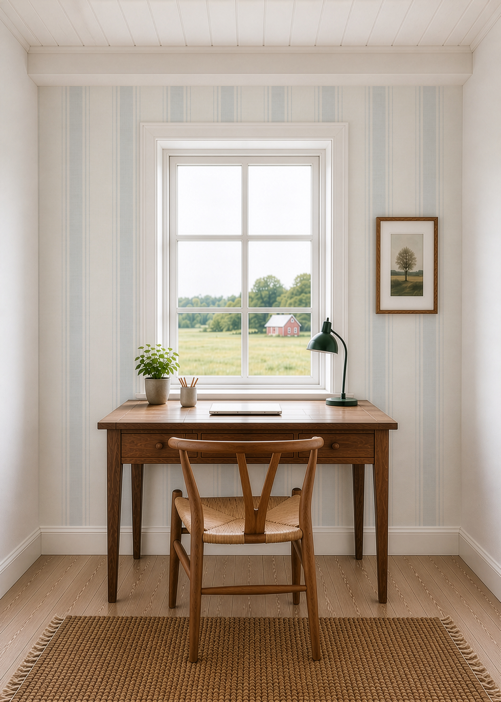 Coastal Blue Striped Wallpaper | Beach House Wall Covering | Textured Ticking Stripes