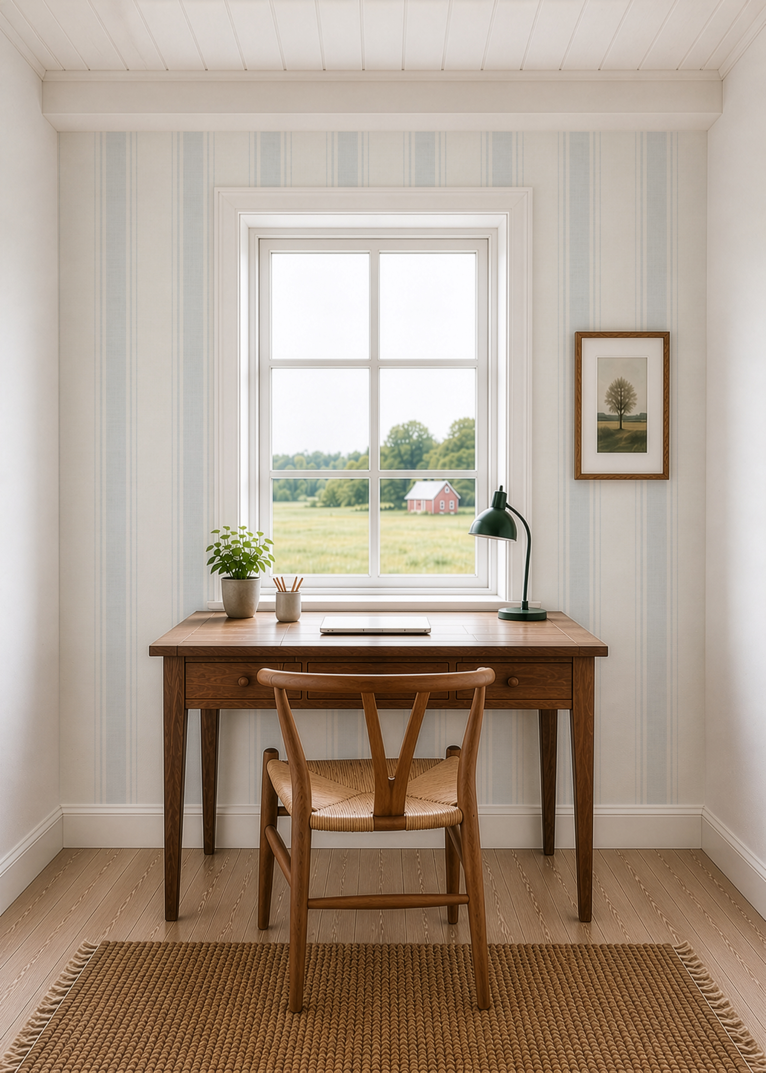 Coastal Blue Striped Wallpaper | Beach House Wall Covering | Textured Ticking Stripes