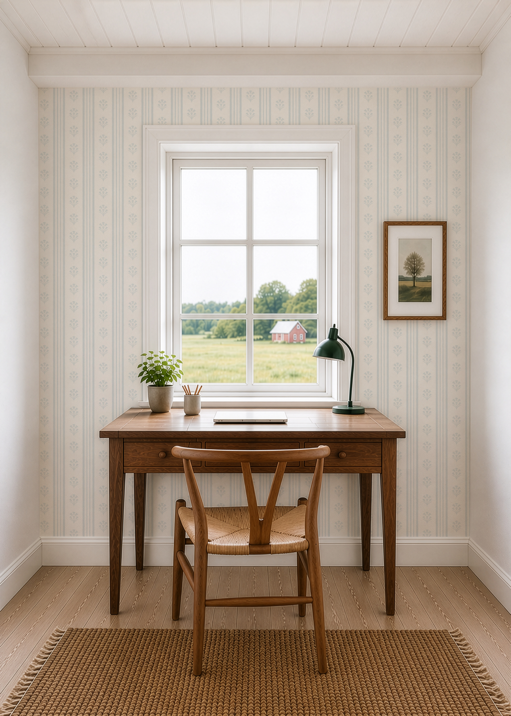 Pastel blue Striped Floral Wallpaper: Vintage Cottage Scallop Wall Covering, wildflower nursery wall decor, farmhouse scallop stripes