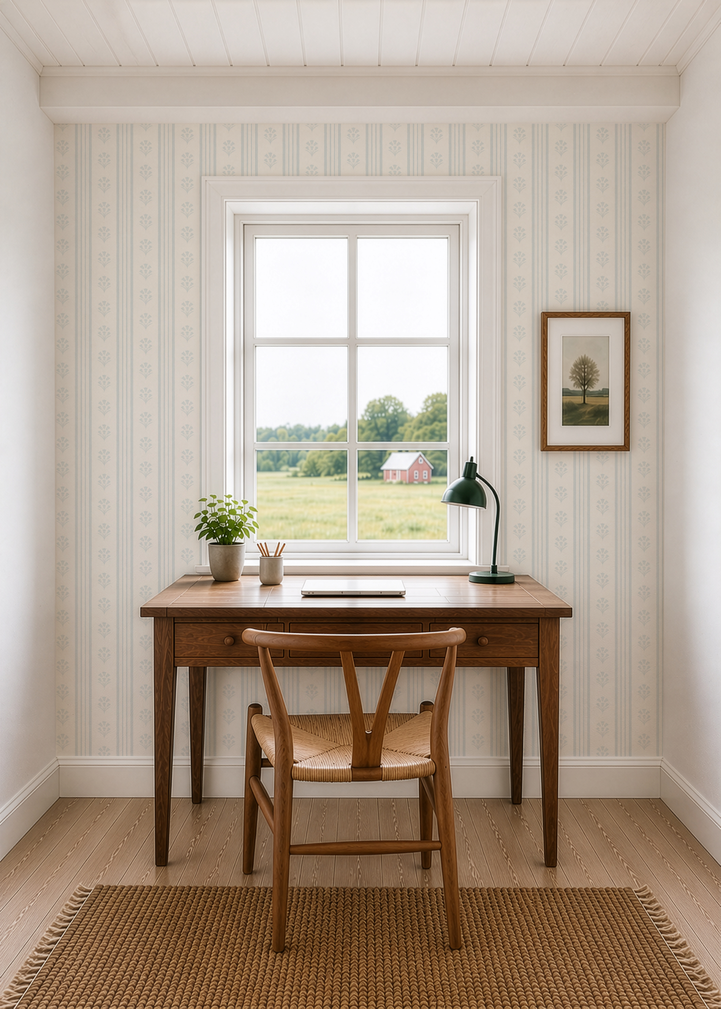 Pastel blue Striped Floral Wallpaper: Vintage Cottage Scallop Wall Covering, wildflower nursery wall decor, farmhouse scallop stripes
