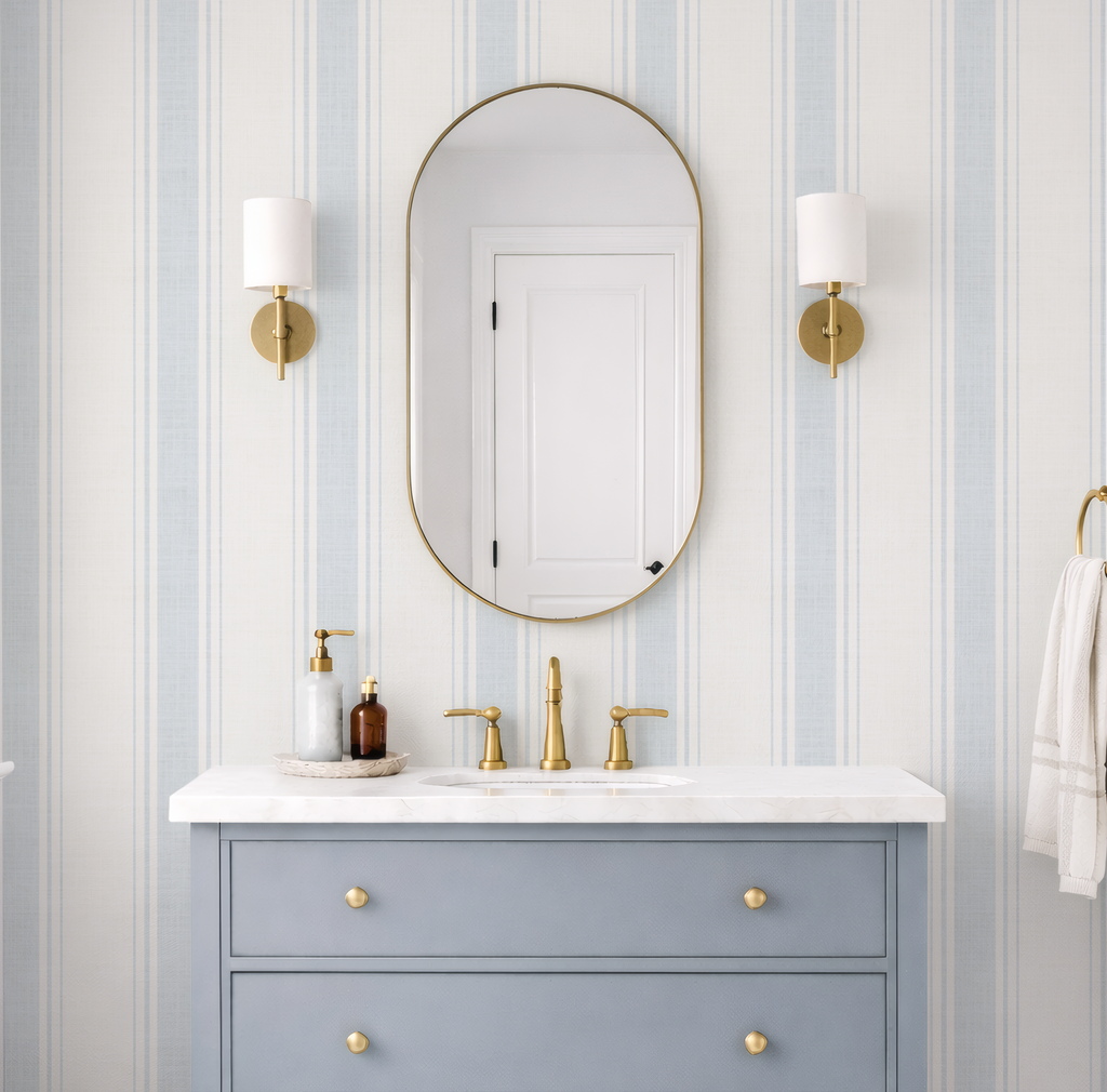 Coastal Blue Striped Wallpaper | Beach House Wall Covering | Textured Ticking Stripes
