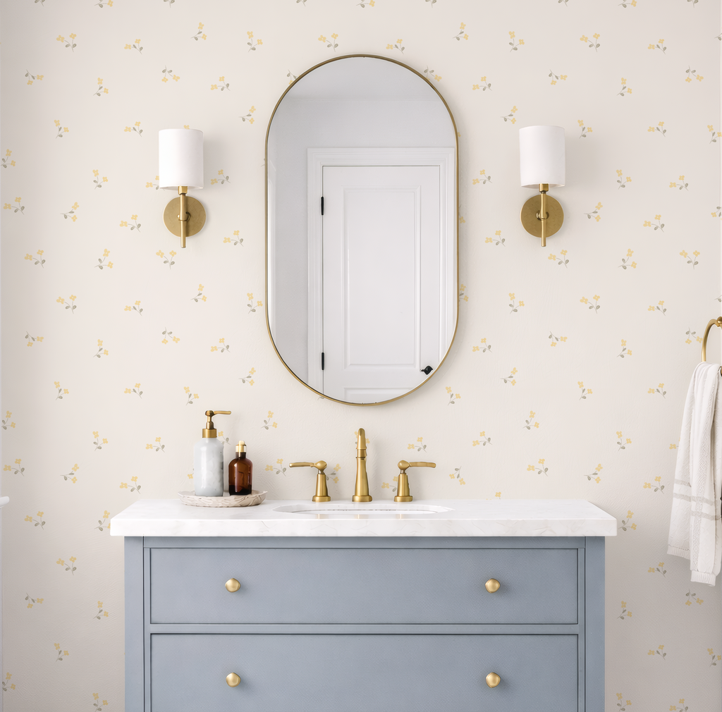 Buttery Yellow Nursery Wallpaper | Vintage Wildflower Wall Covering for Bathrooms or Bedrooms