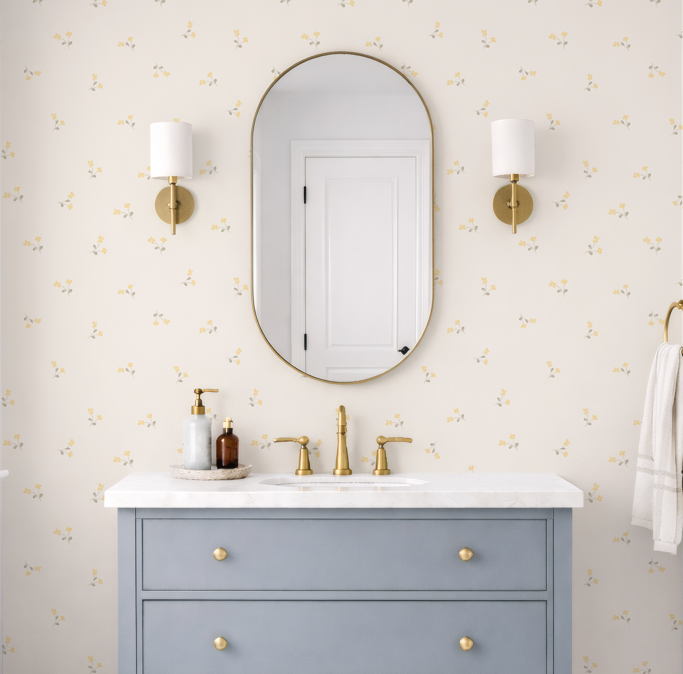 Buttery Yellow Nursery Wallpaper | Vintage Wildflower Wall Covering for Bathrooms or Bedrooms