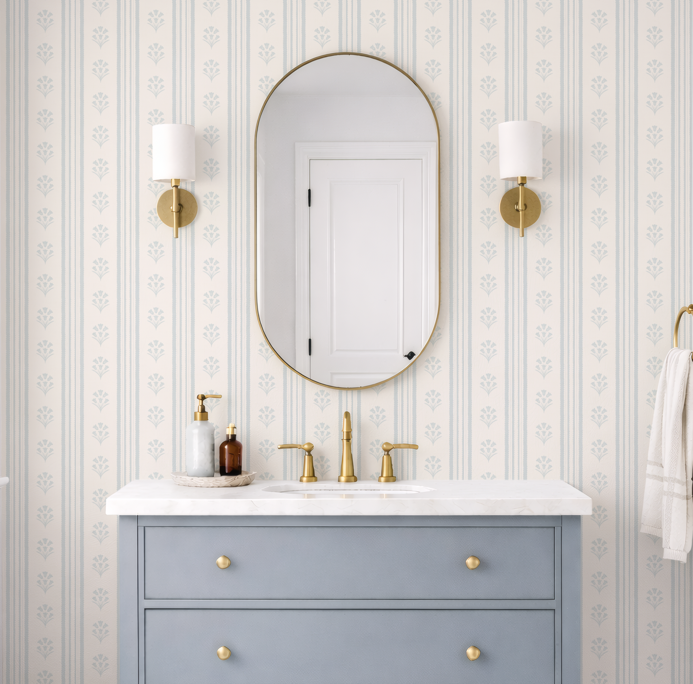 Pastel blue Striped Floral Wallpaper: Vintage Cottage Scallop Wall Covering, wildflower nursery wall decor, farmhouse scallop stripes