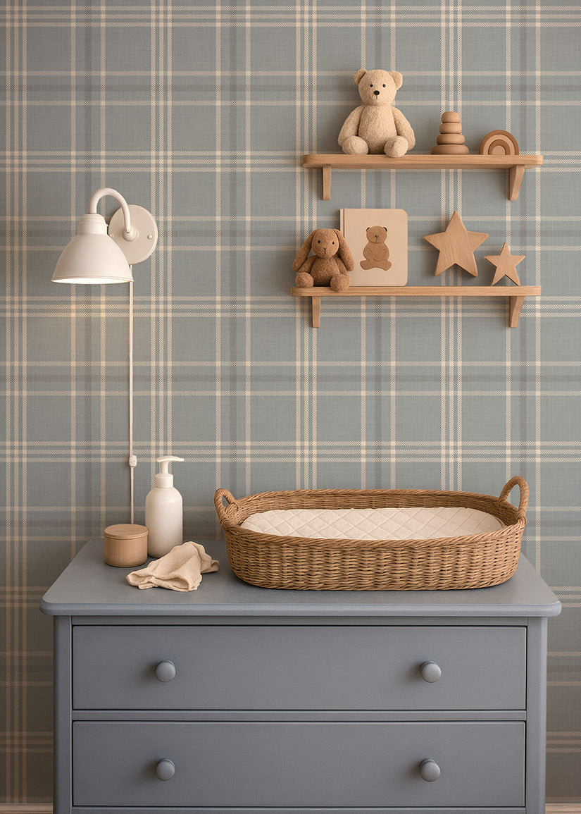 Neutral Blue Tartan Plaid Boy Nursery Wallpaper