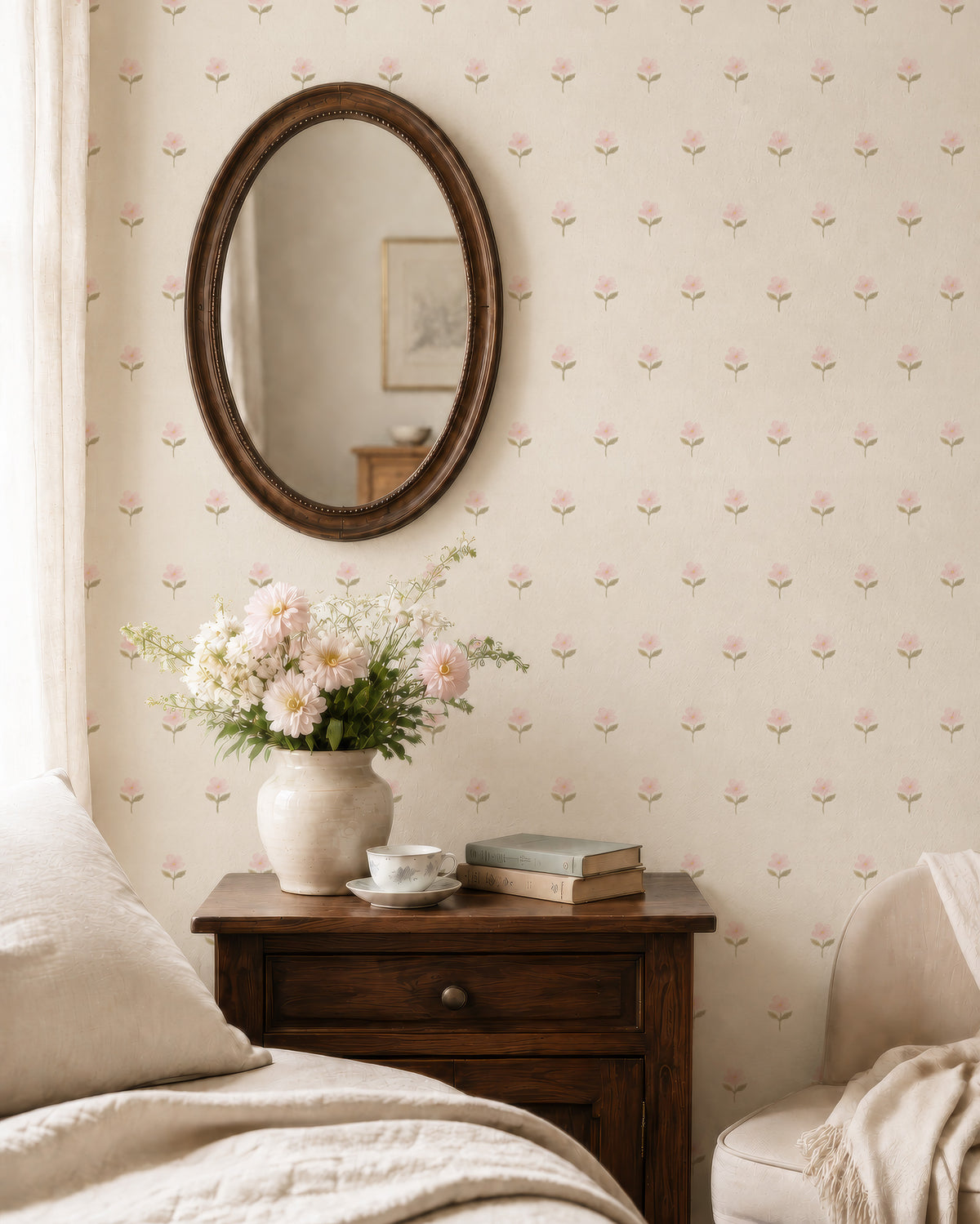 Pink watercolor floral cottage Wallpaper
