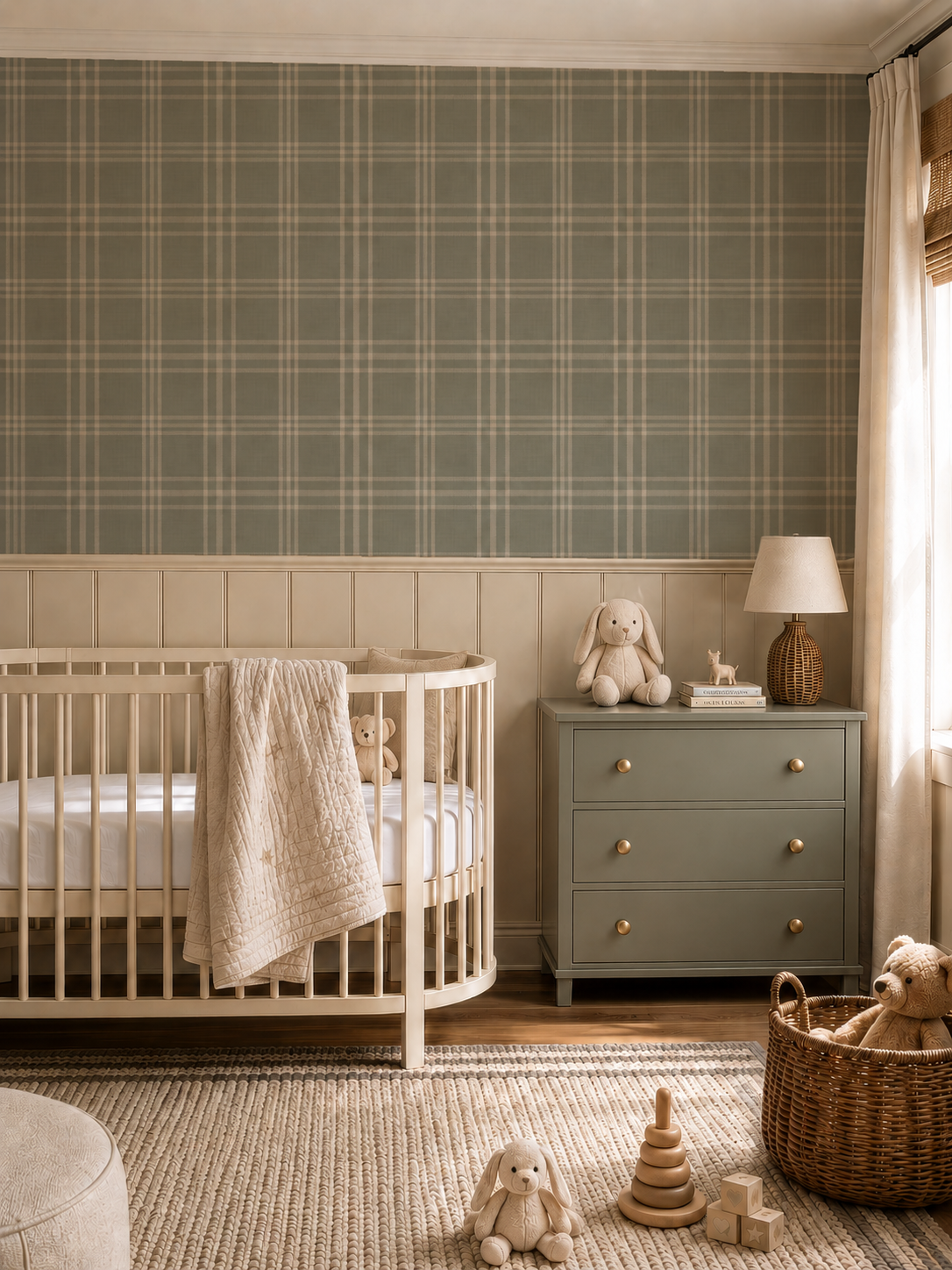 Rustic Sage Green Plaid Tartan Farmhouse Wallpaper