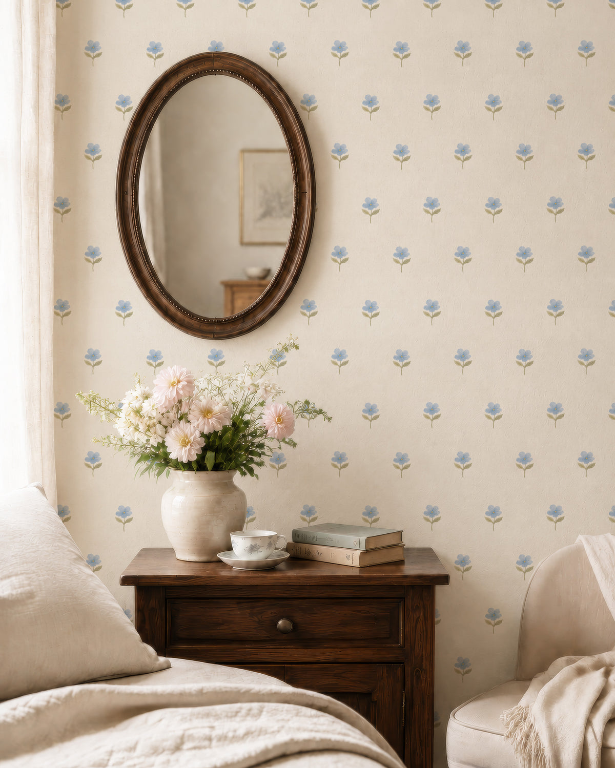 Blue hand drawn floral cottage Wallpaper