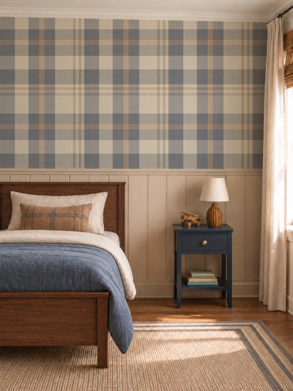 Cozy blue and beige Farmhouse Plaid rustic Wallpaper