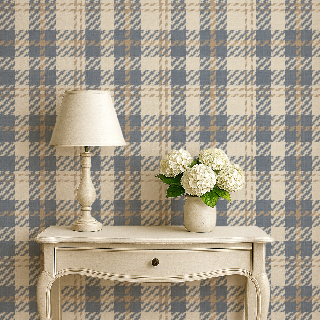 Neutral blue and beige Plaid Wallpaper