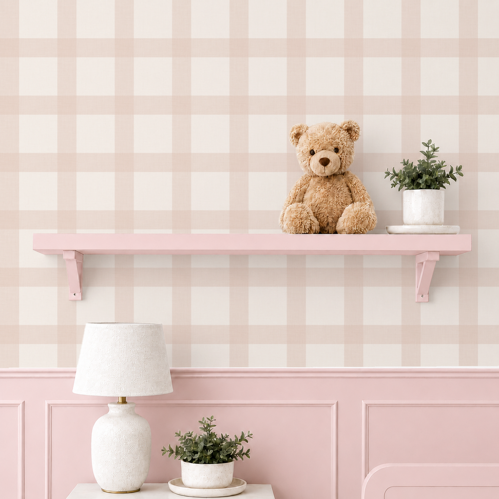 Blush Pink Gingham Wallpaper | Vintage Girl Nursery Wall Covering | Large Scale