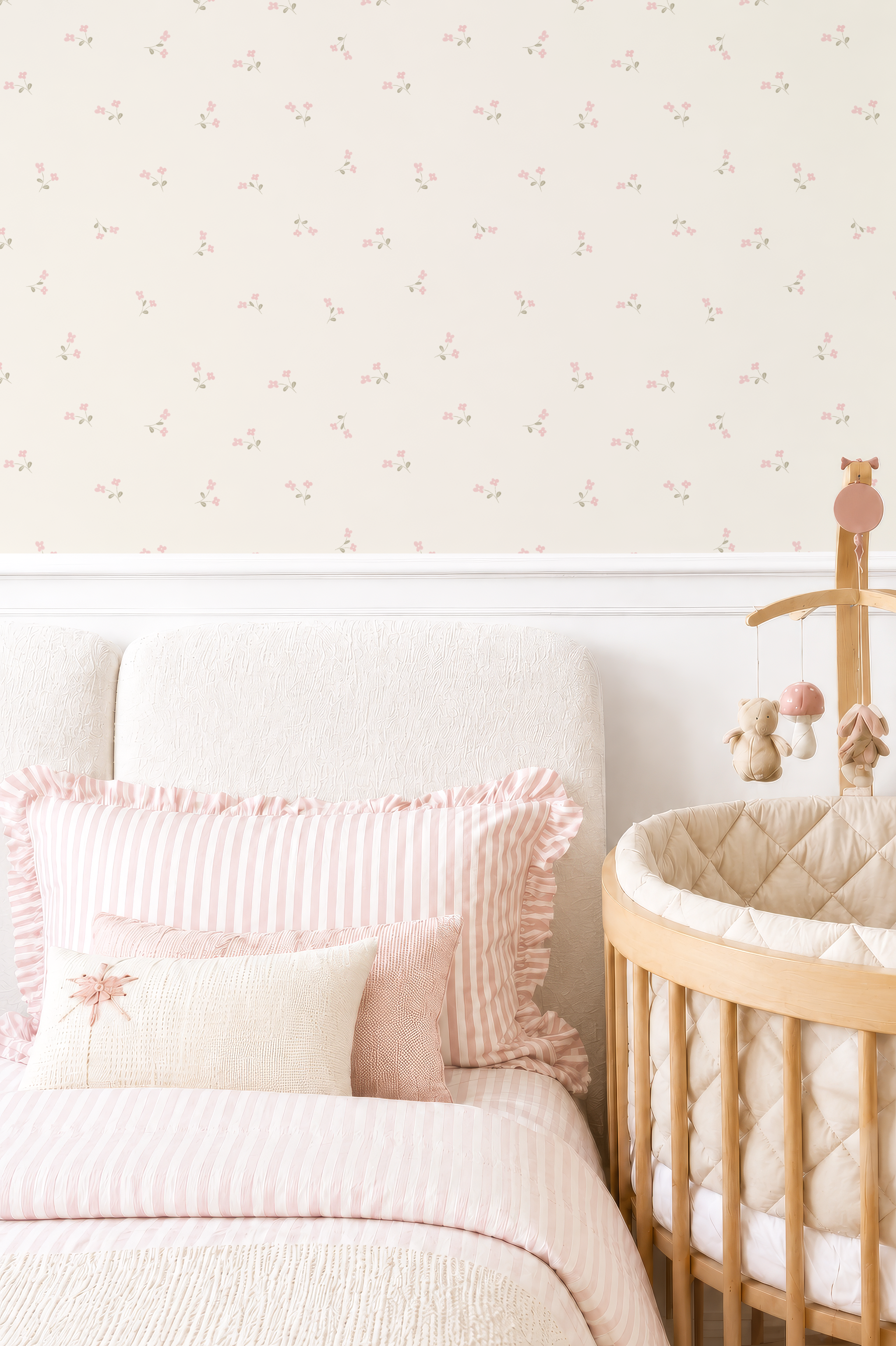 Pink Tiny Wildflower Wallpaper | Vintage Girl Nursery Wall Covering | Soft Rose ditsy floral Cottage Powder Room