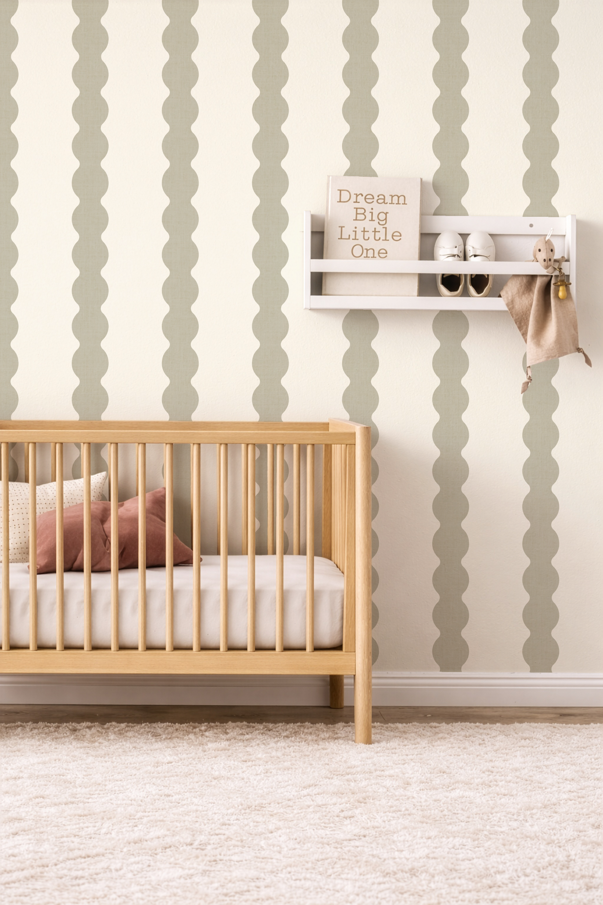 Sage Green Scallop Stripe Wallpaper | Scandinavian Nursery Decor