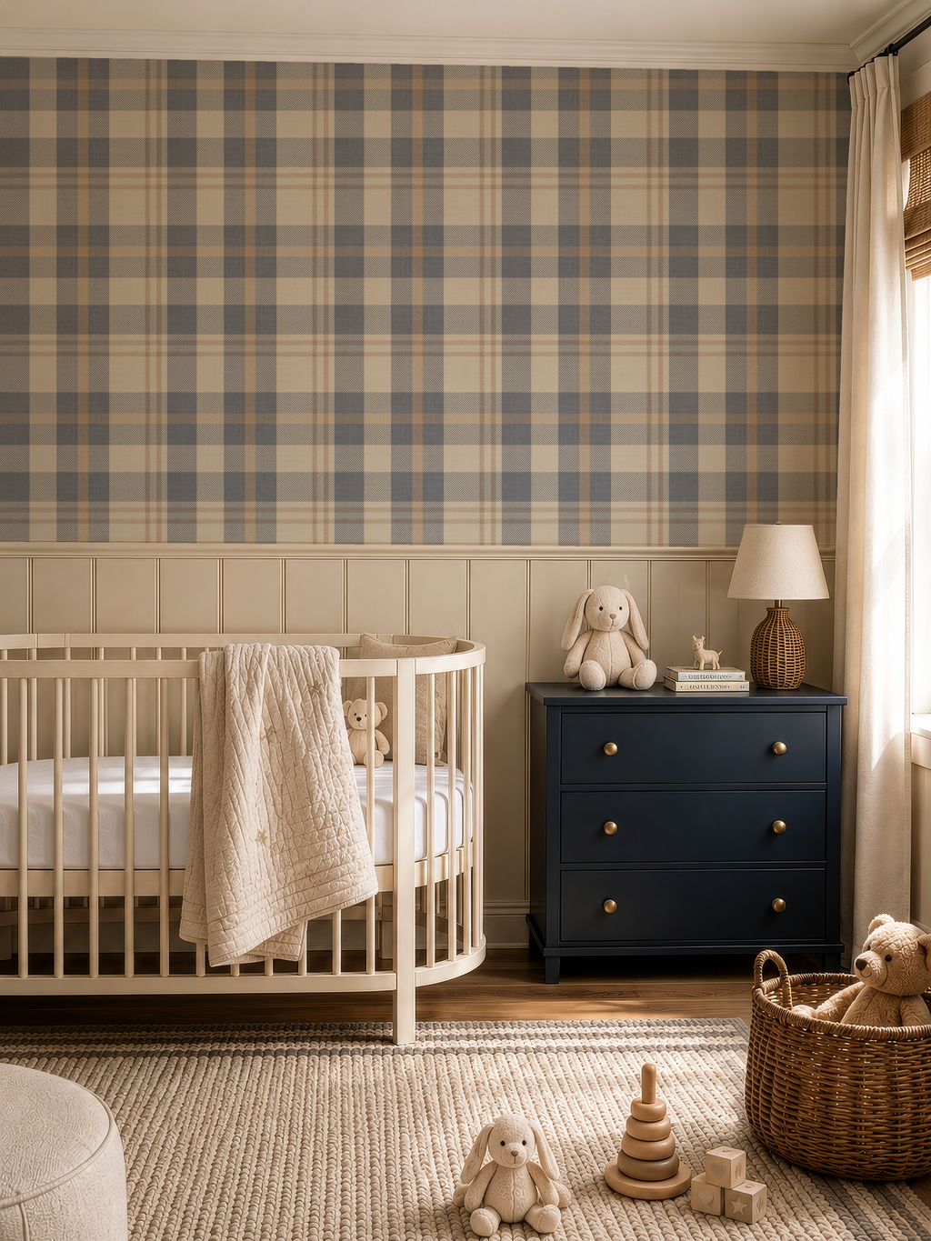 Neutral blue and beige Plaid Wallpaper