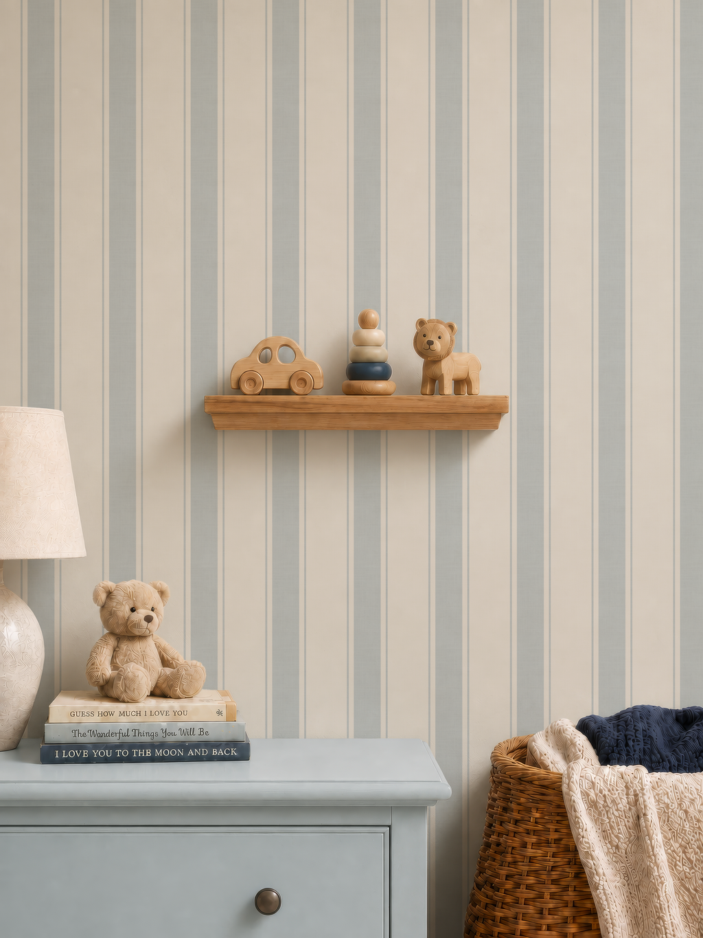 Blue ticking striped nursery wallpaper