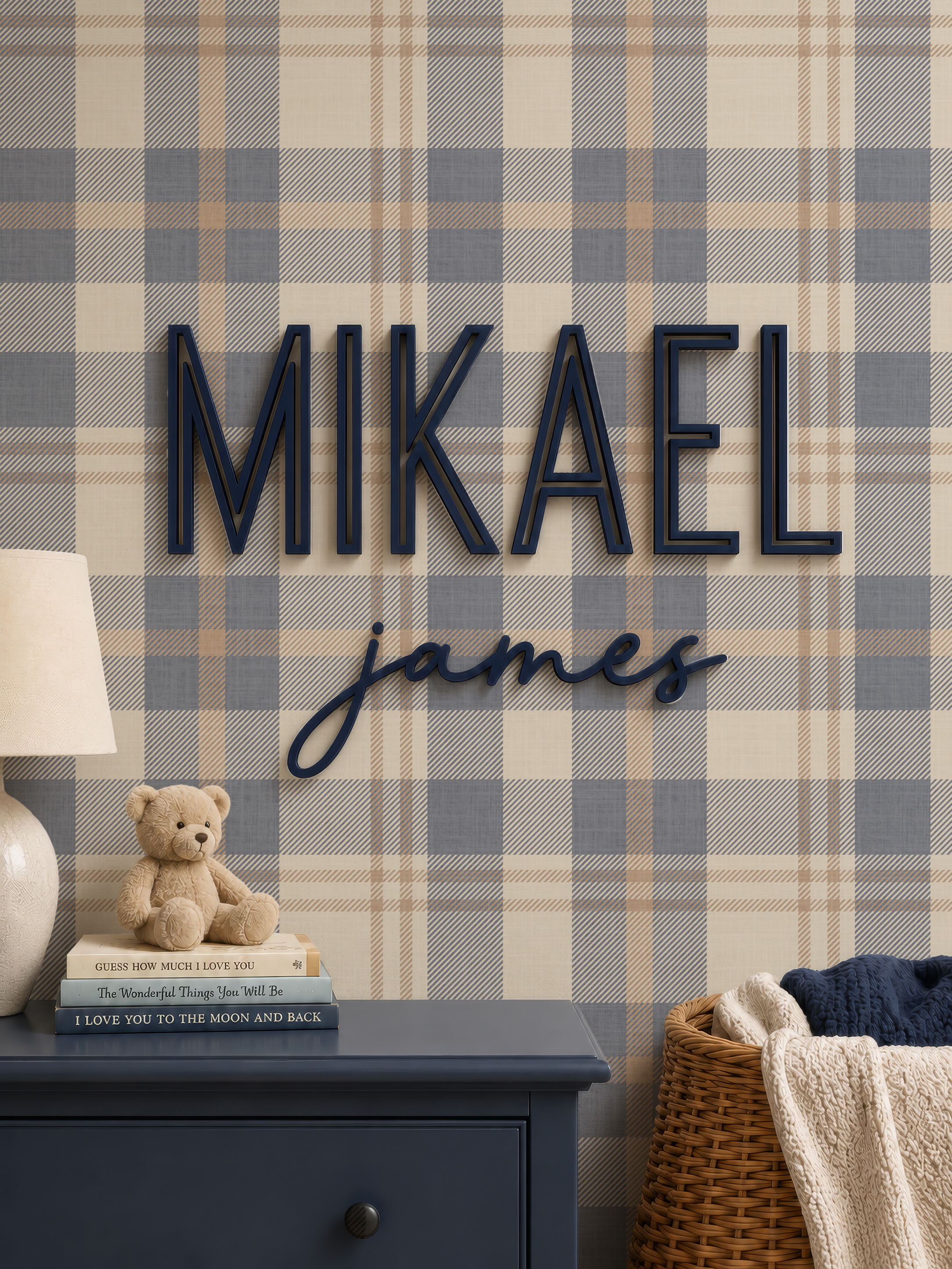 Neutral blue and beige Plaid Wallpaper | Nordic plaid design Farmhouse Interiors  | Rustic Nursery Wallpaper