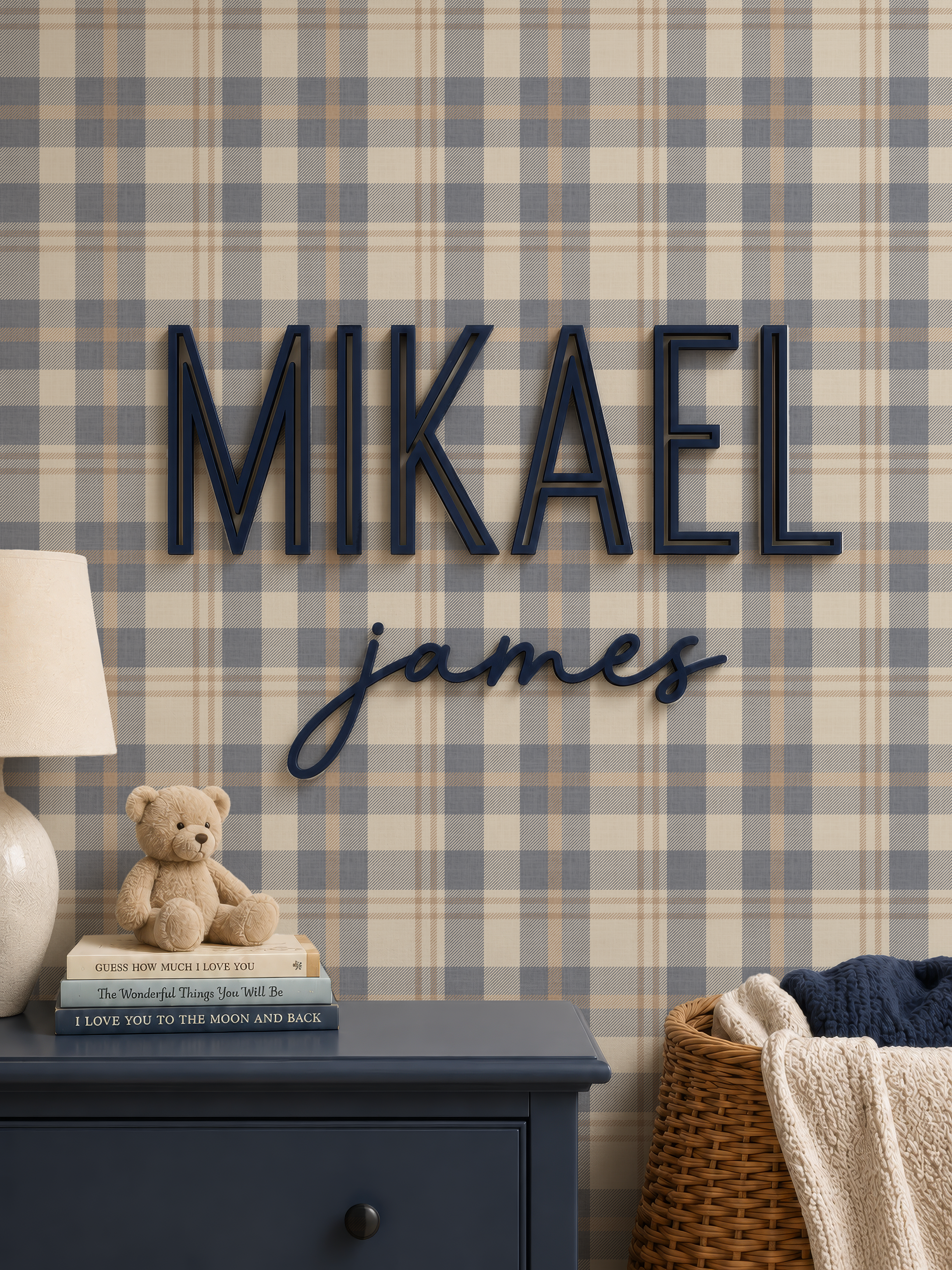 Neutral blue and beige Plaid Wallpaper | Rustic Check Pattern for Cozy Scandinavian & Farmhouse Interiors
