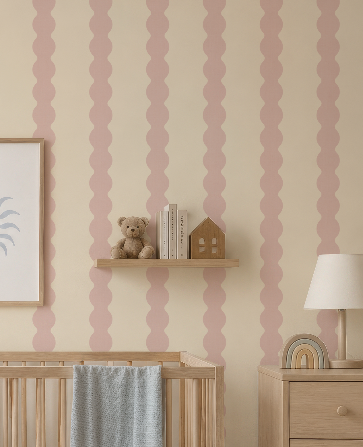 Charming Pink Wavy Striped Wallpaper | Girl Nursery Wall Covering  | Scallop Striped Bathroom Decor
