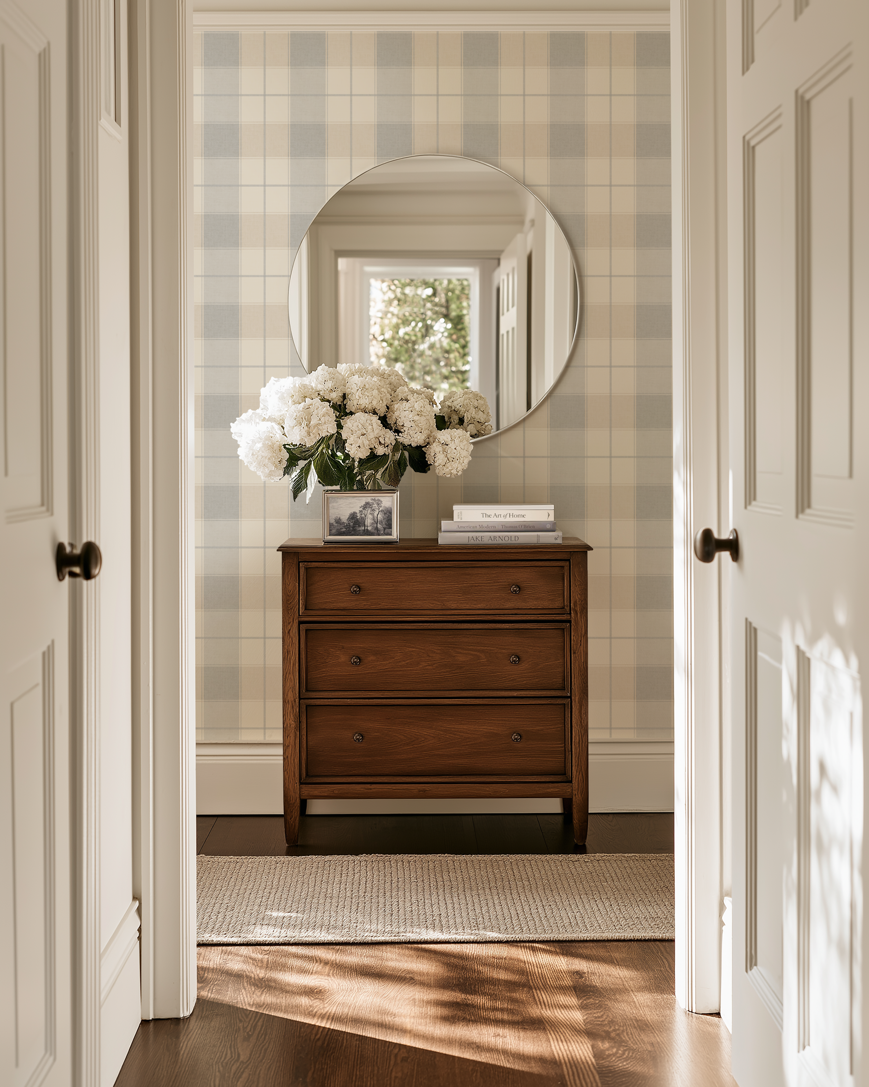 Neutral blue and beige buffalo heritage plaid wallpaper
