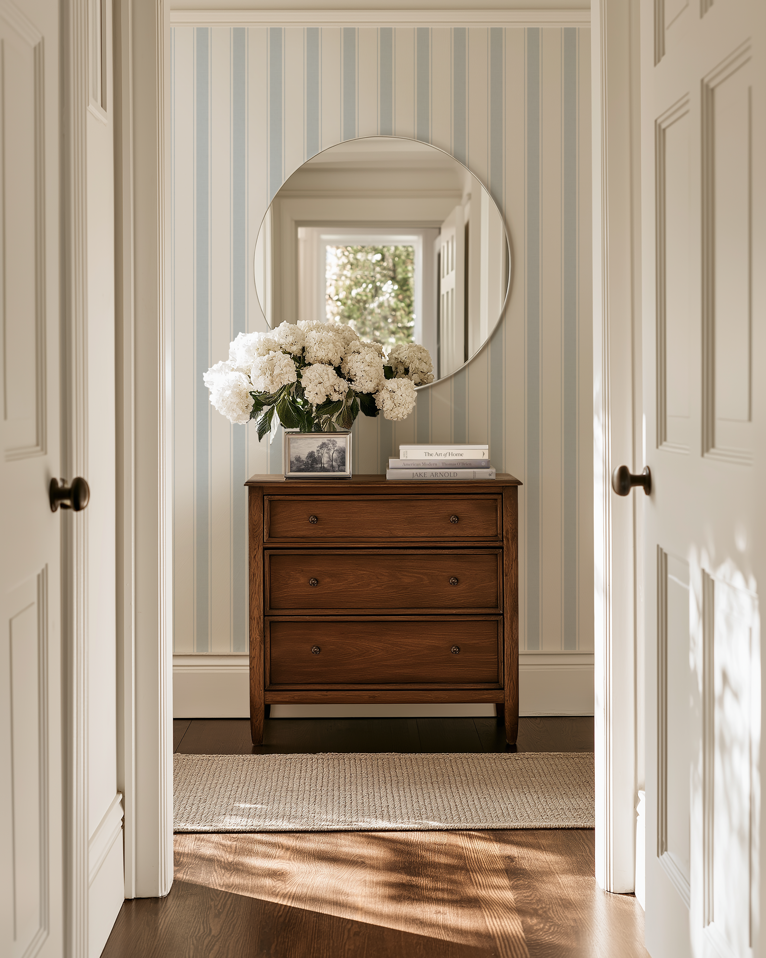 Blue ticking striped nursery wallpaper