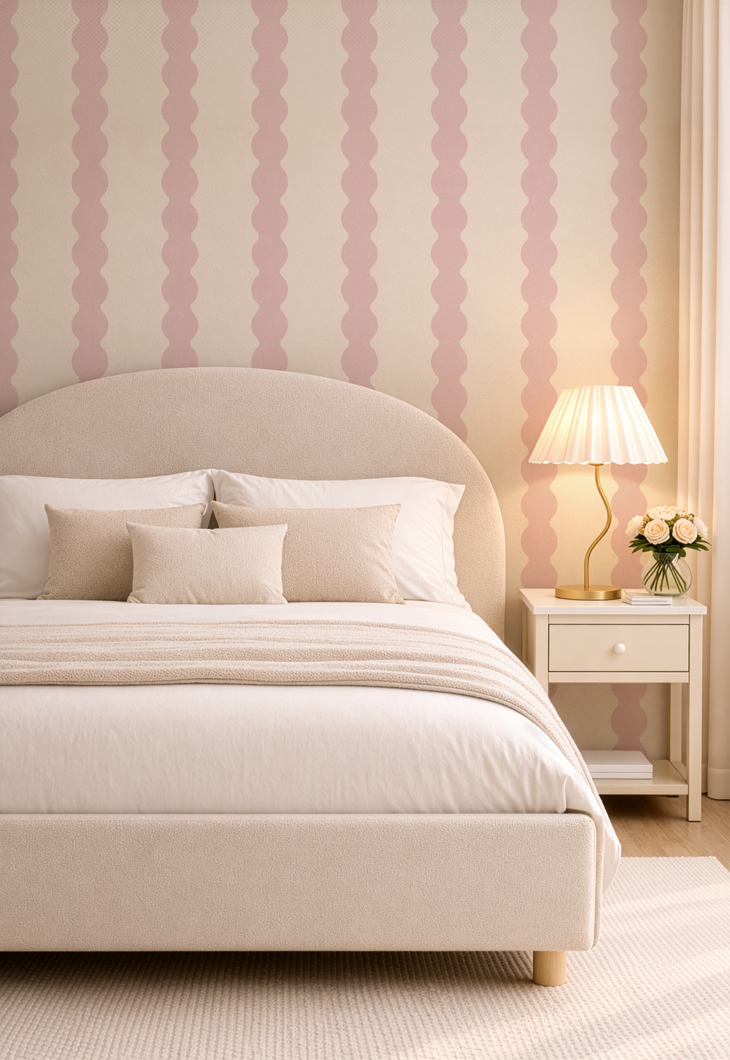 Charming Pink Wavy Striped Wallpaper | Girl Nursery Wall Covering  | Scallop Striped Bathroom Decor
