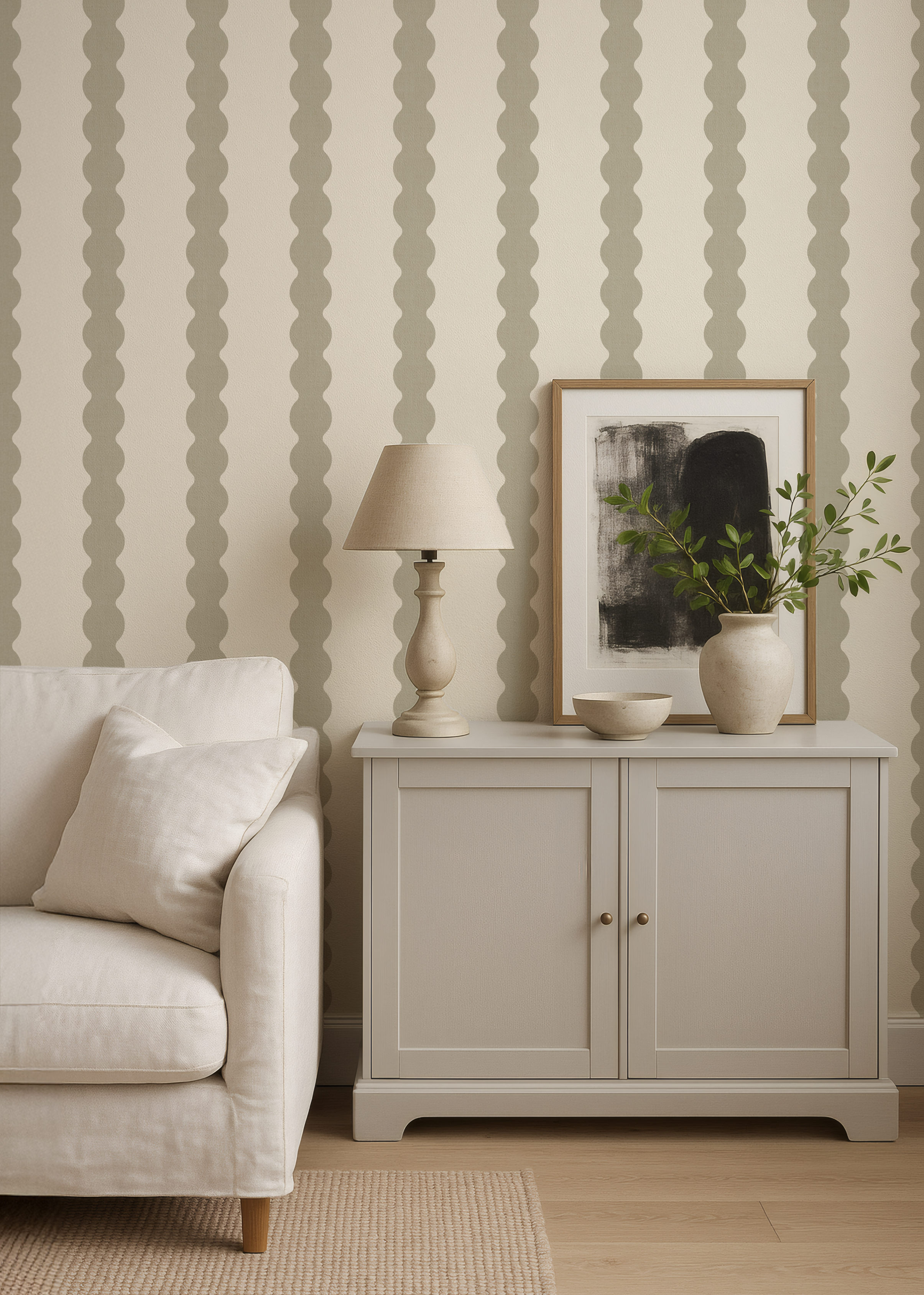 Sage Green Scallop Stripe Wallpaper | Scandinavian Nursery Decor