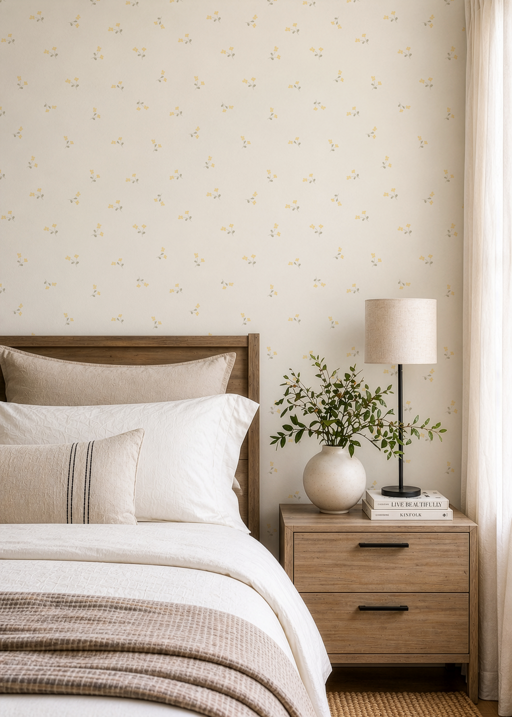Buttery Yellow Nursery Wallpaper | Vintage Wildflower Wall Covering for Bathrooms or Bedrooms