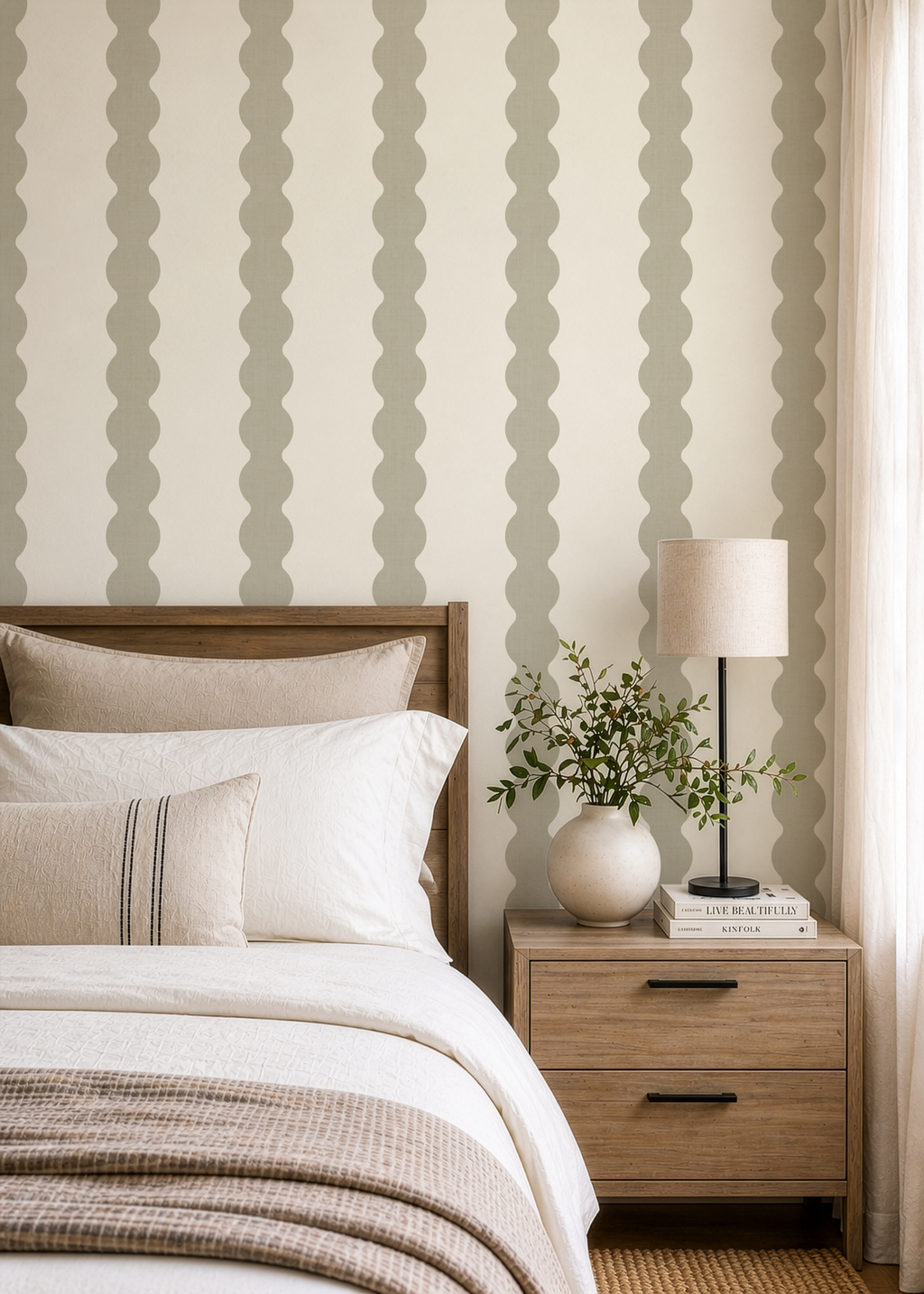 Sage Green Scallop Stripe Wallpaper | Scandinavian Nursery Decor