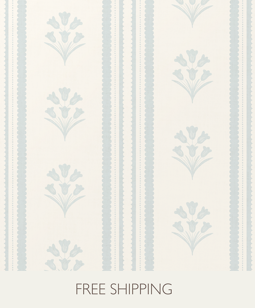Pastel blue Striped Floral Wallpaper: Vintage Cottage Scallop Wall Covering, wildflower nursery wall decor, farmhouse scallop stripes