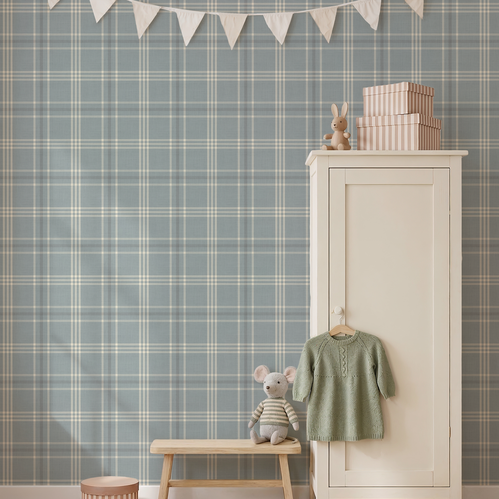 Neutral Blue Tartan Plaid Boy Nursery Wallpaper