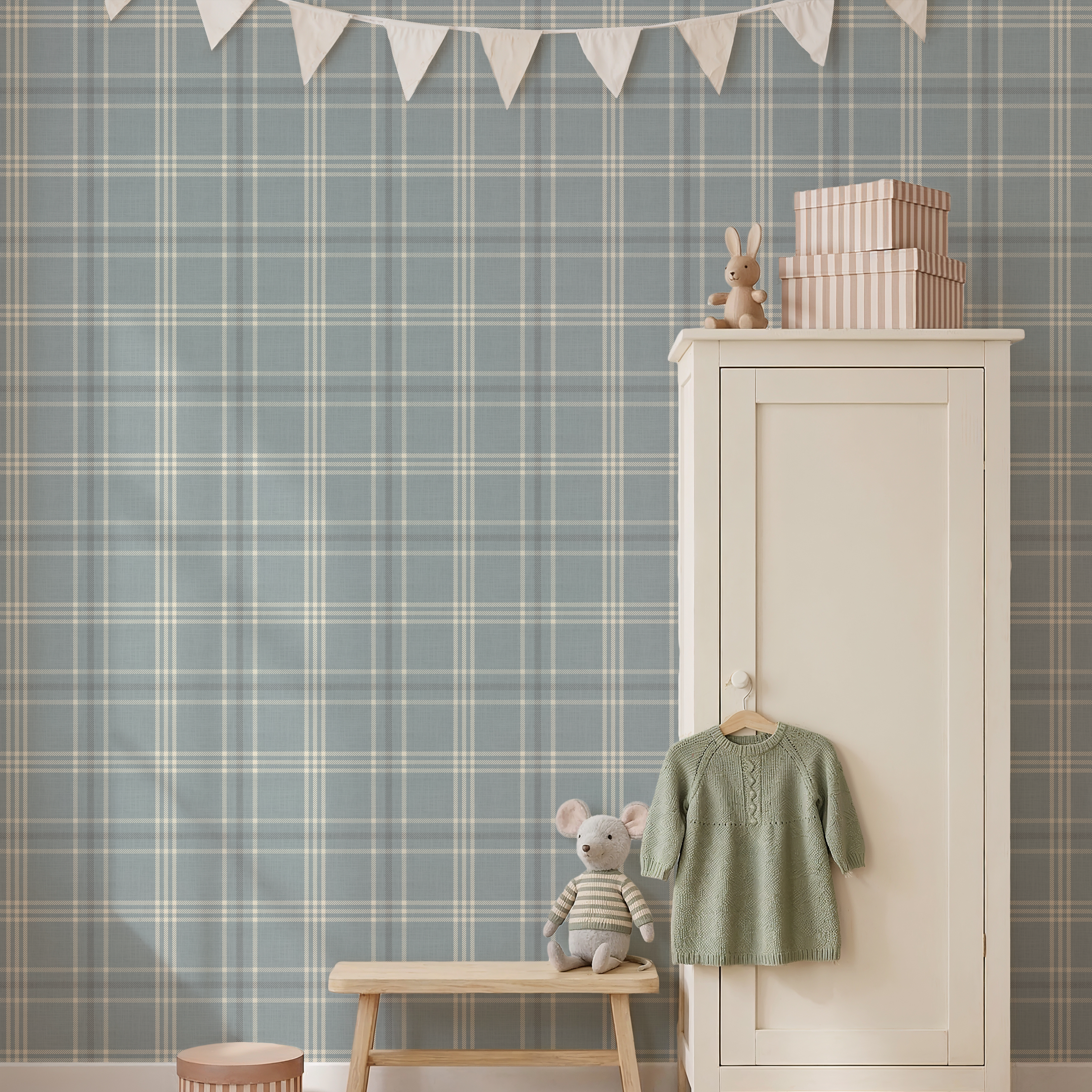 Neutral Blue Tartan Plaid Boy Nursery Wallpaper