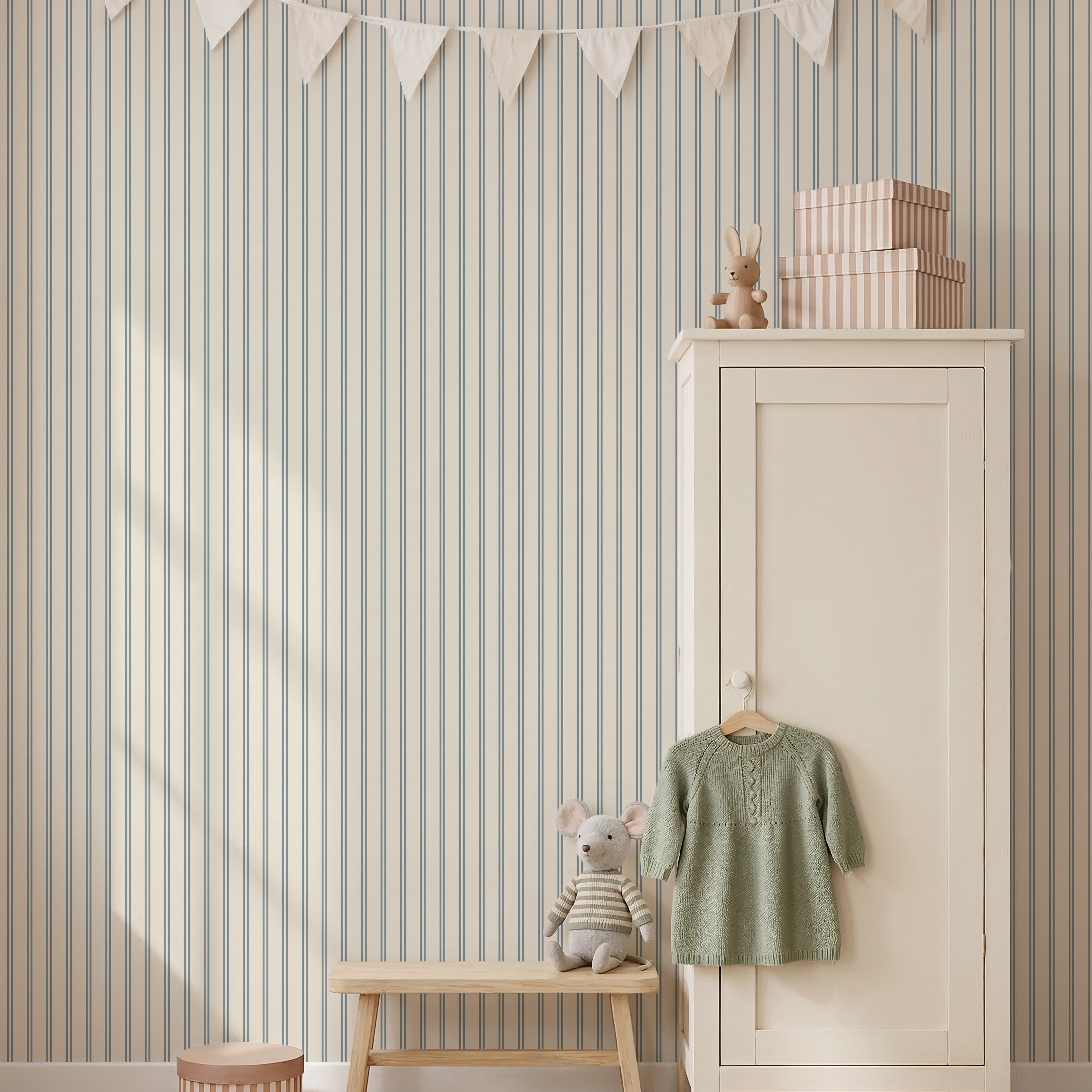 Dusty blue thin ticking stripes wallpaper