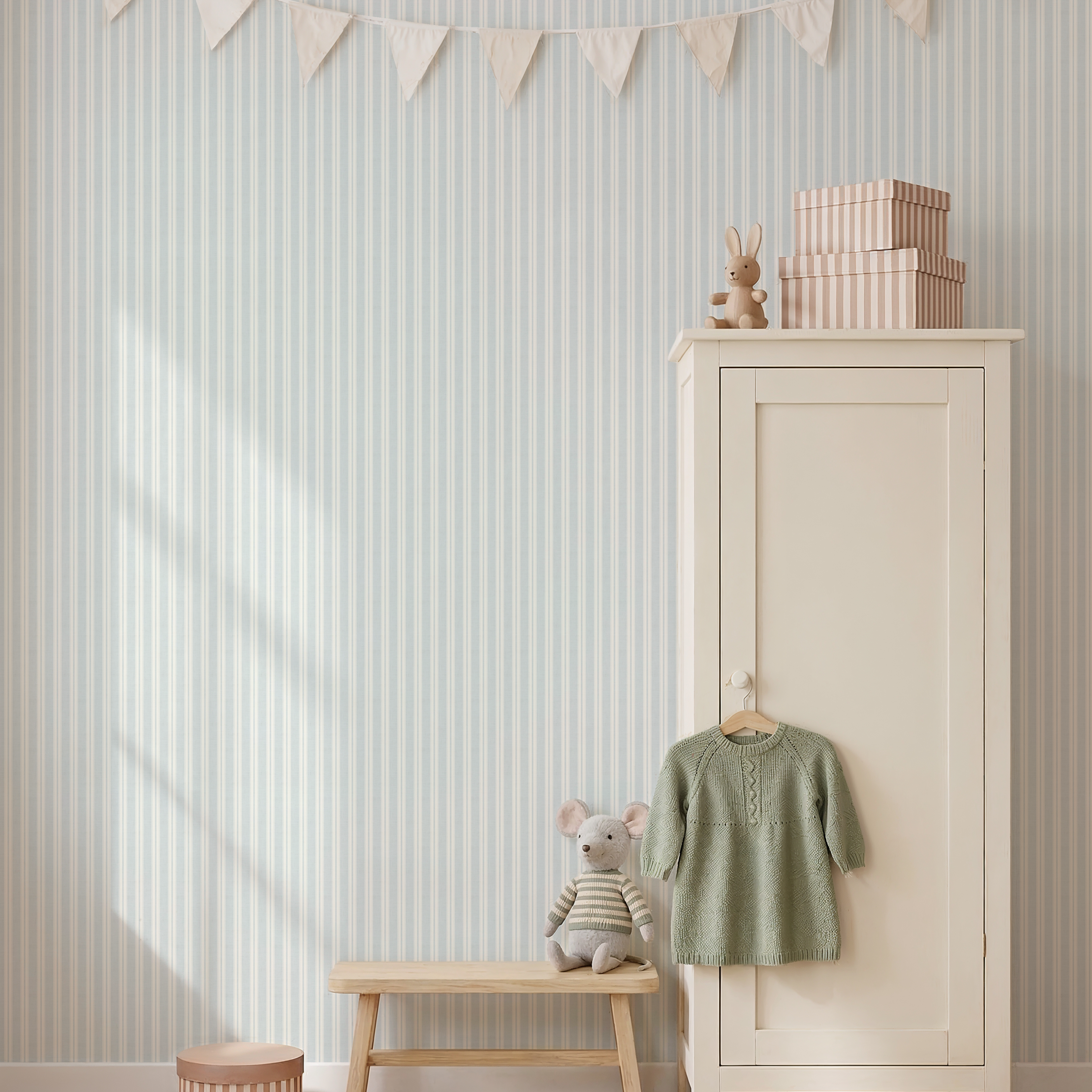 Blue vintage boy's nursery: Cozy Striped baby room decor , Farmhouse Wall Covering (Peel & Stick) Cozy cottage wall decor, Linen Texture