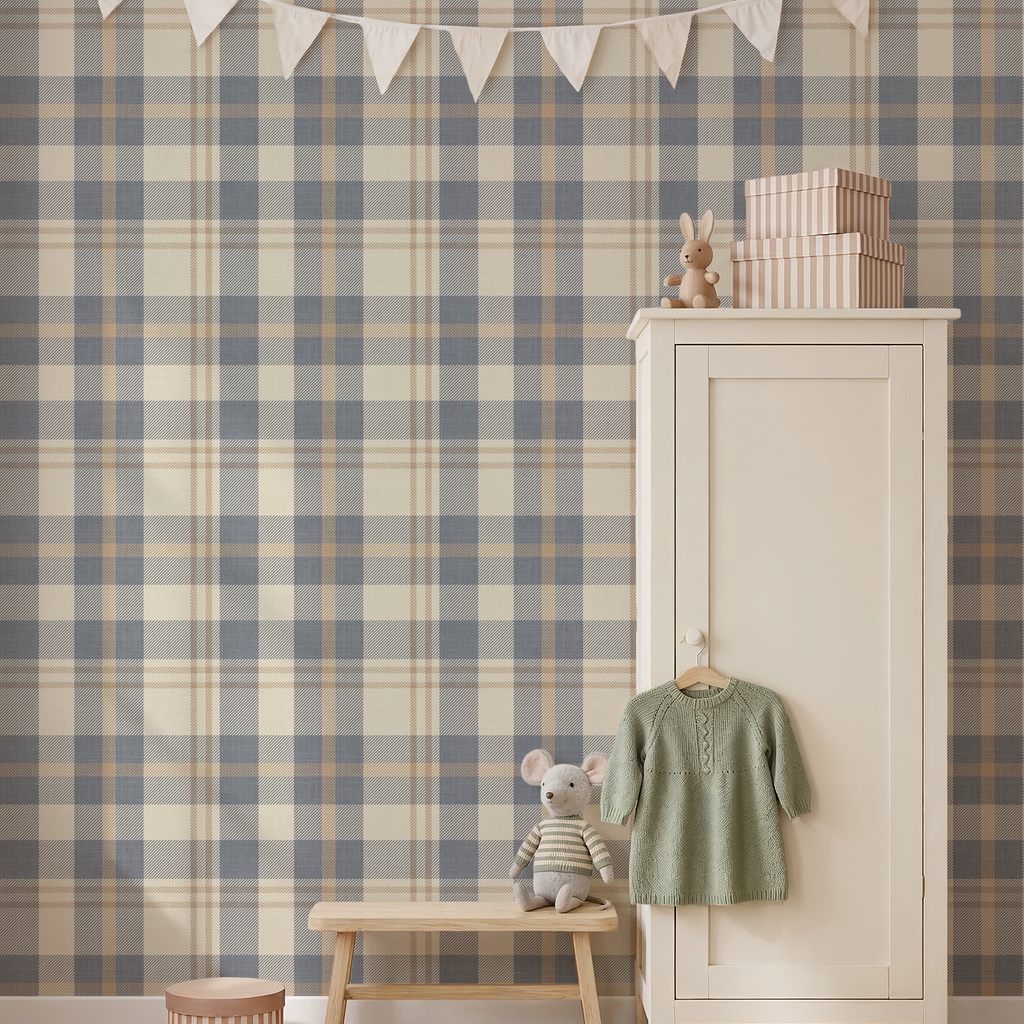 Cozy blue and beige Farmhouse Plaid rustic Wallpaper