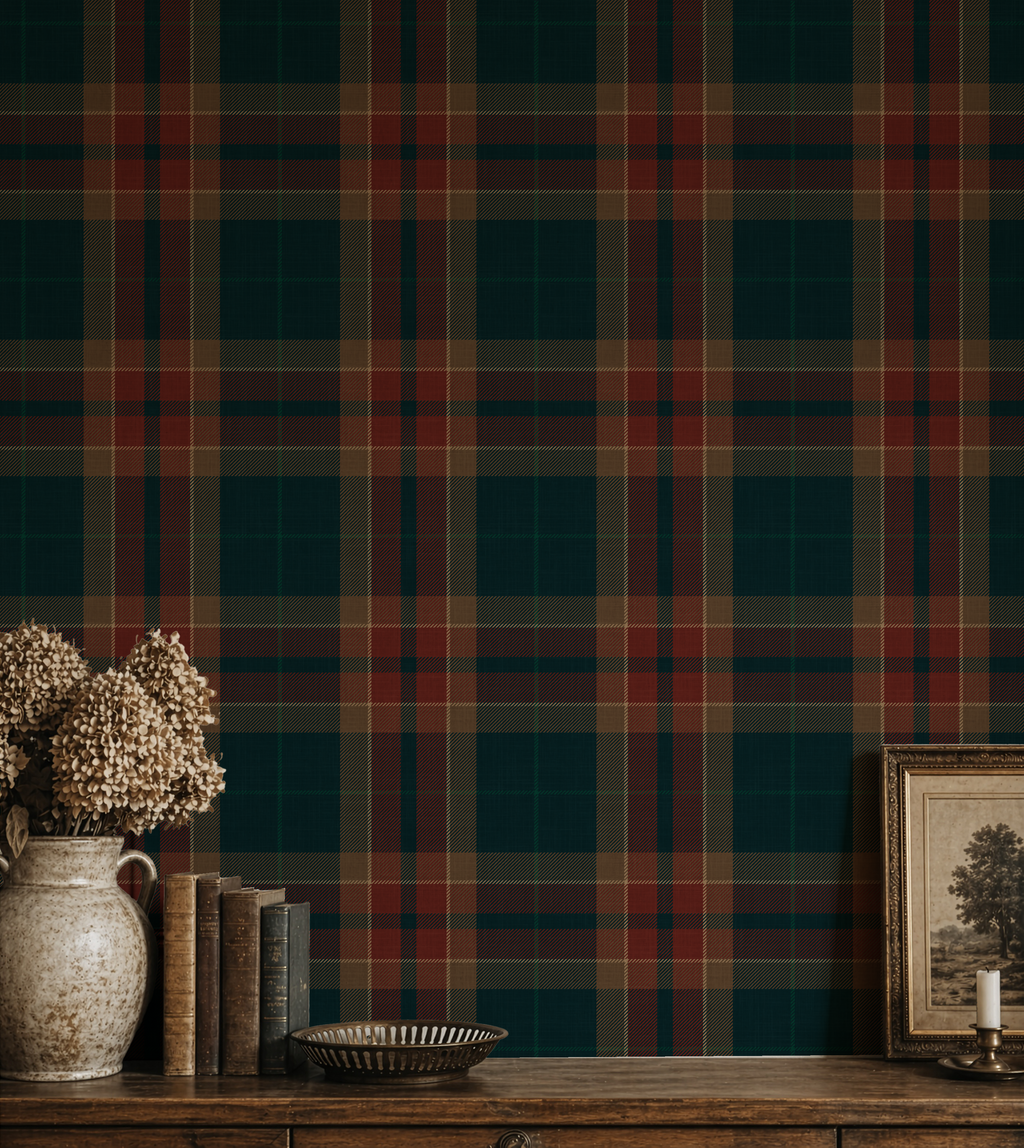 Moody Red & blue farmhouse Plaid Wallpaper