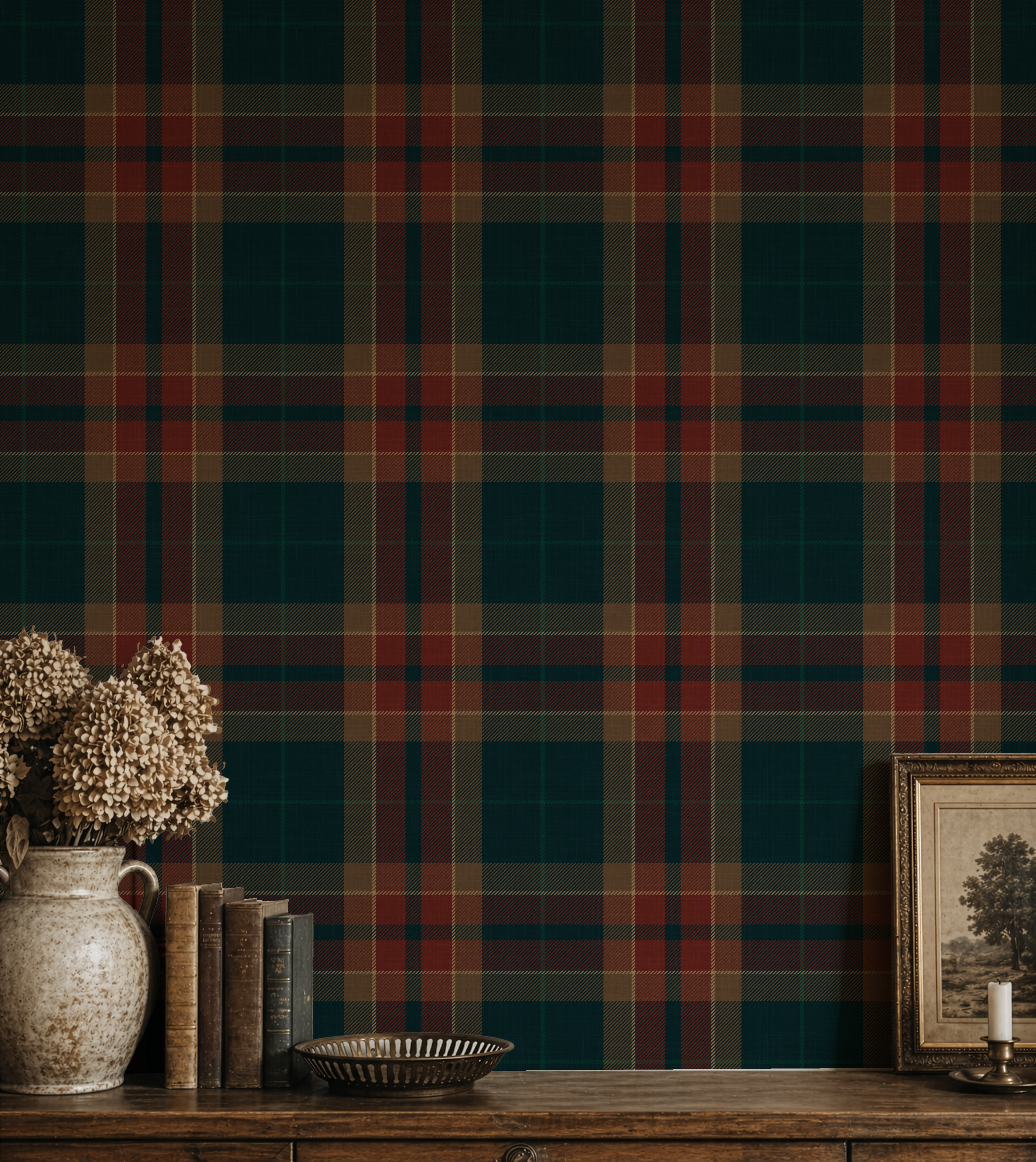 Moody Red & blue farmhouse Plaid Wallpaper