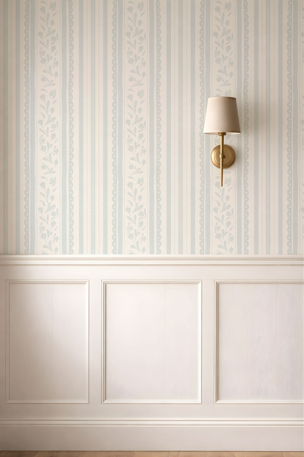 Pastel blue vintage striped wildflower wallpaper
