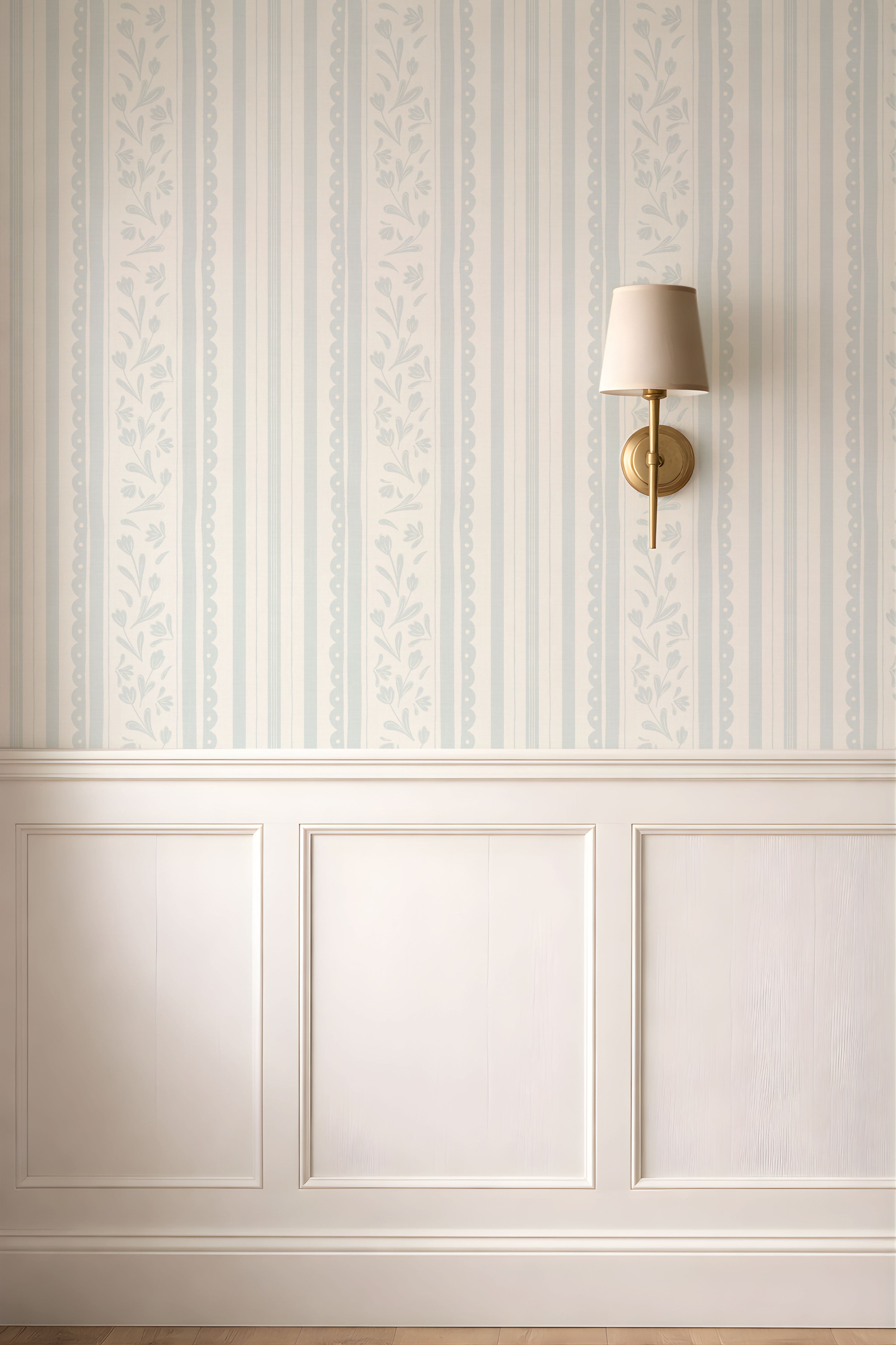 Pastel blue vintage striped wildflower wallpaper