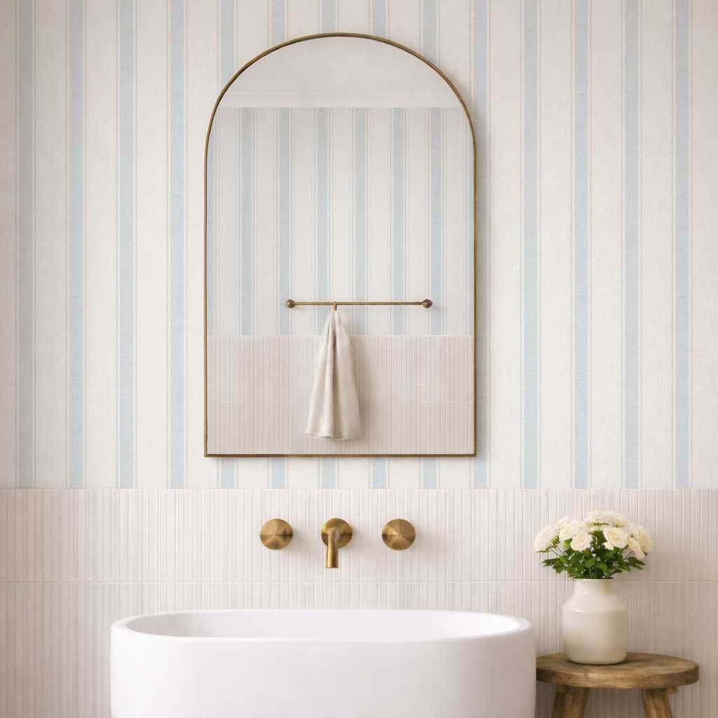 Powder Blue Ticking Striped Wallpaper - smaller scale