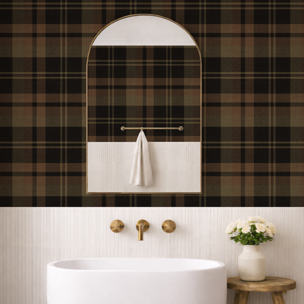 Dark black Plaid removable peel & stick Wallpaper: rustic dark brown olive green Wall covering - cozy farmhouse interior - grasscloth option