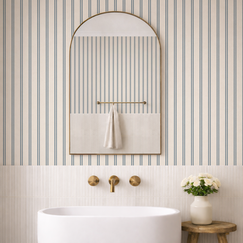 Dusty blue thin ticking stripes wallpaper