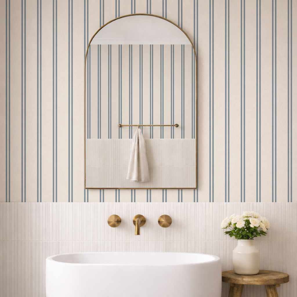 Blue & cream soft double striped Wallpaper with rustic texture