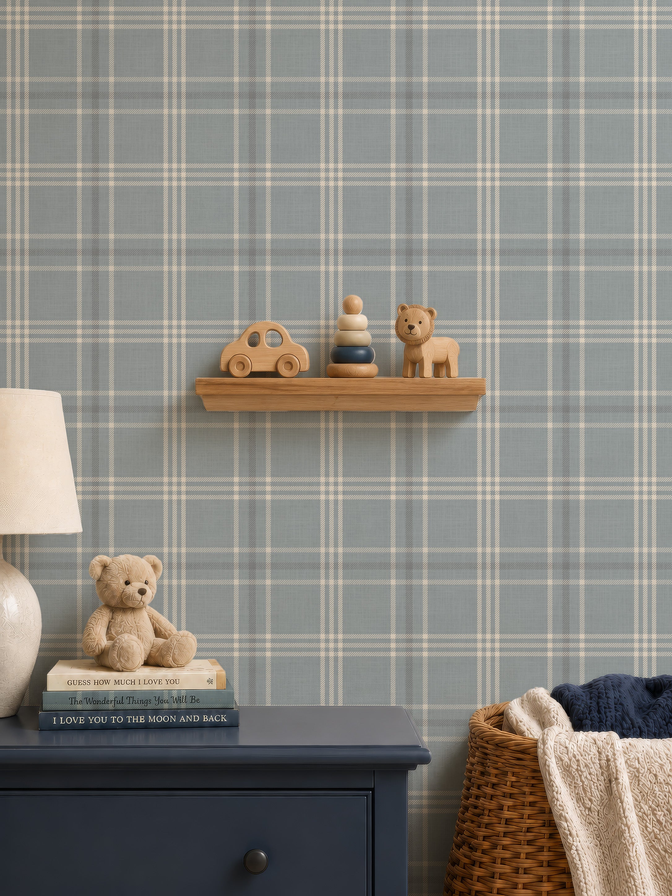 Neutral Blue Tartan Plaid Boy Nursery Wallpaper