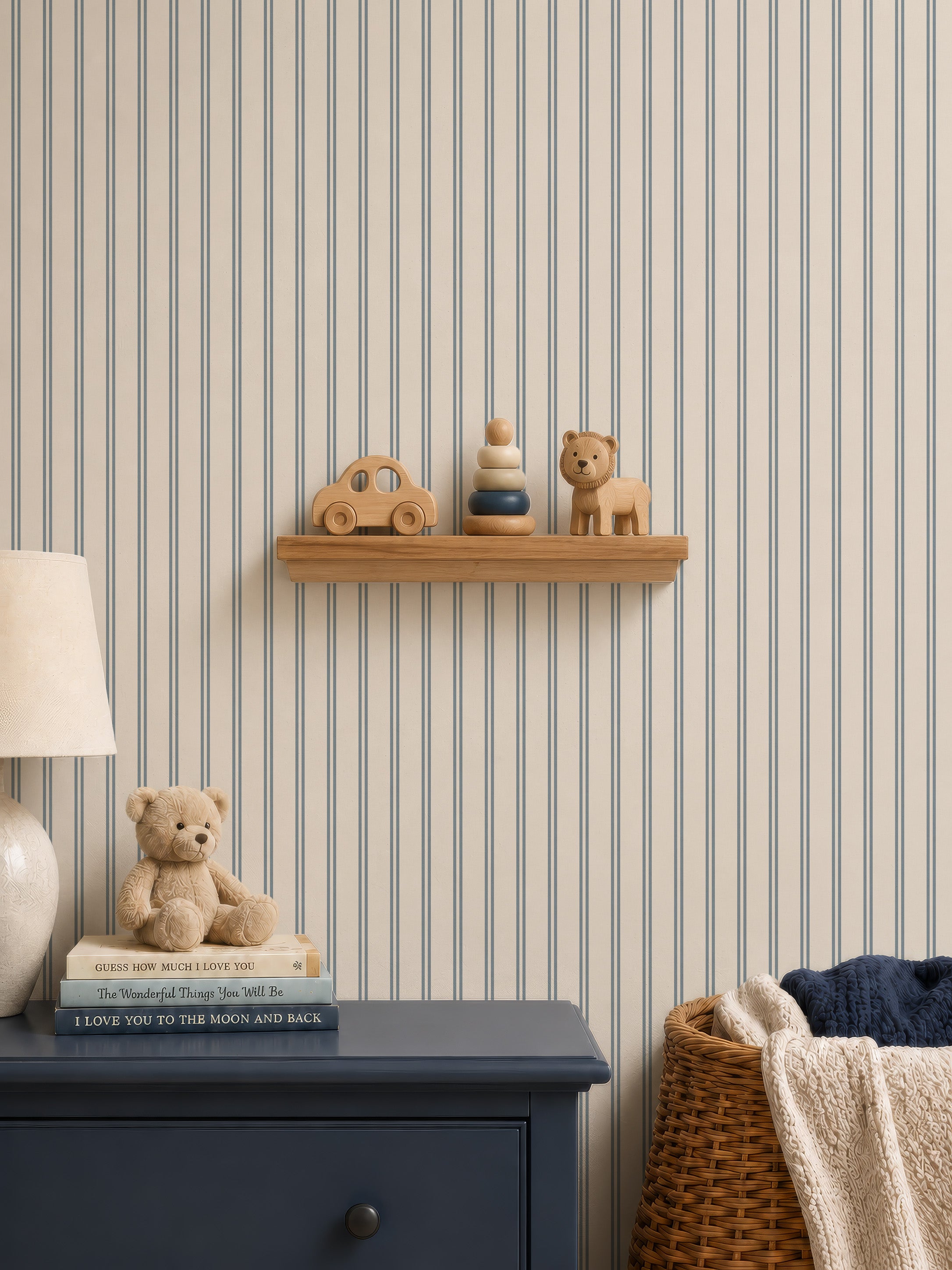 Dusty blue thin ticking stripes wallpaper
