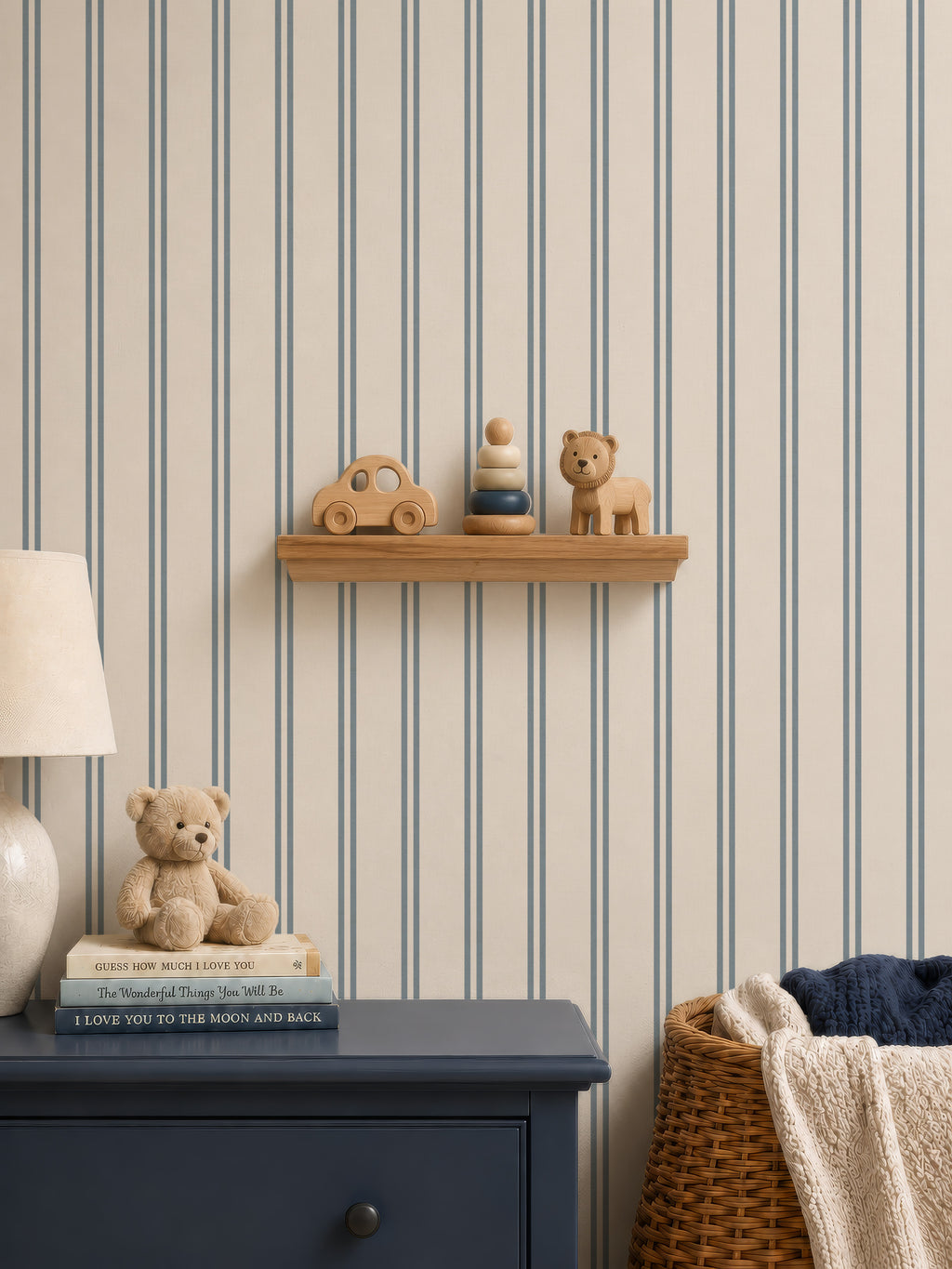 Blue & cream soft double striped Wallpaper with rustic texture
